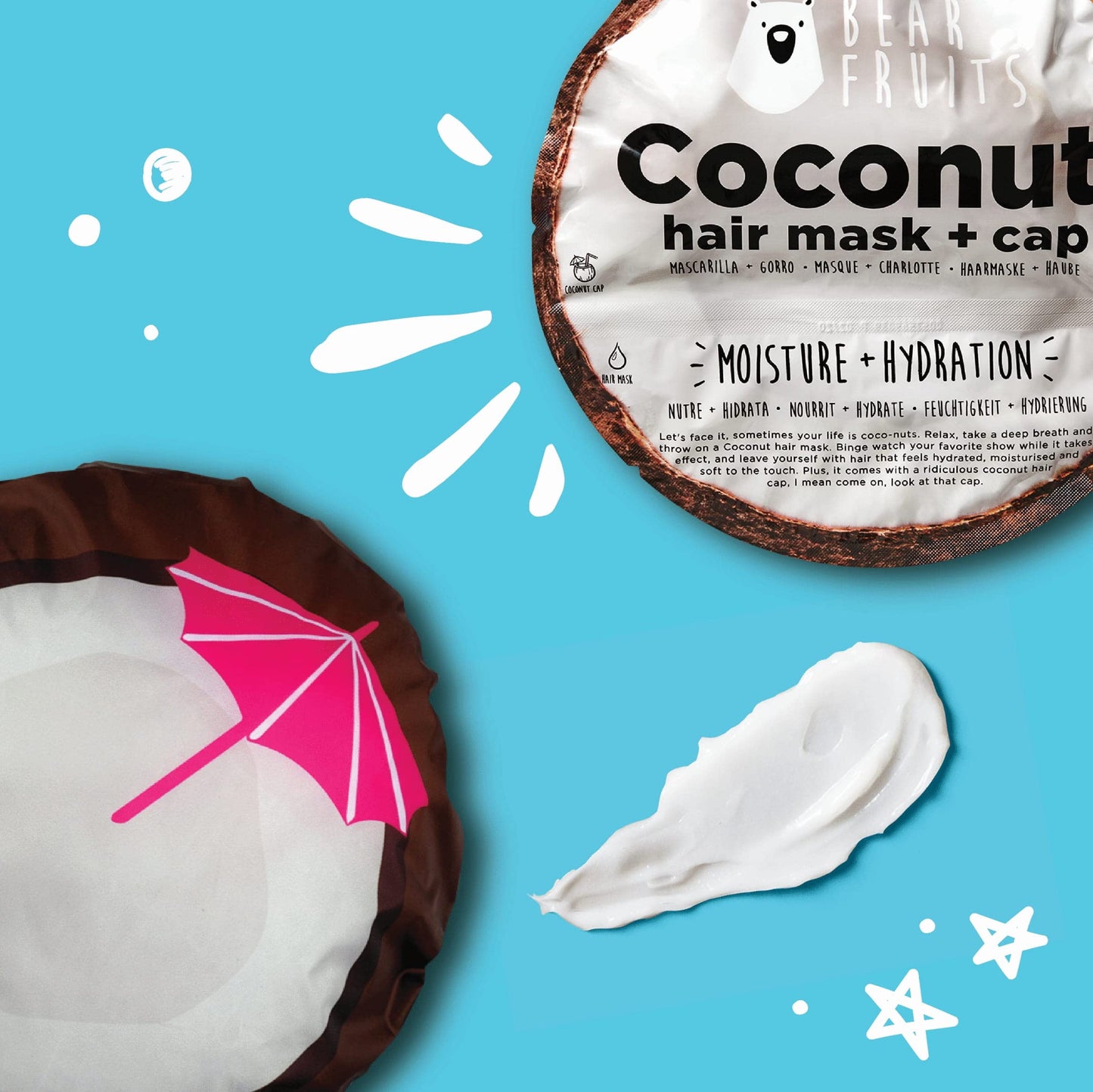Bear Fruits Coconut Hair Mask & Reusable Shower Cap, Stocking Filler, Secret Santa Gift for Women, For Dry, Damaged Hair, 20ml, Gifts for Women / Teens