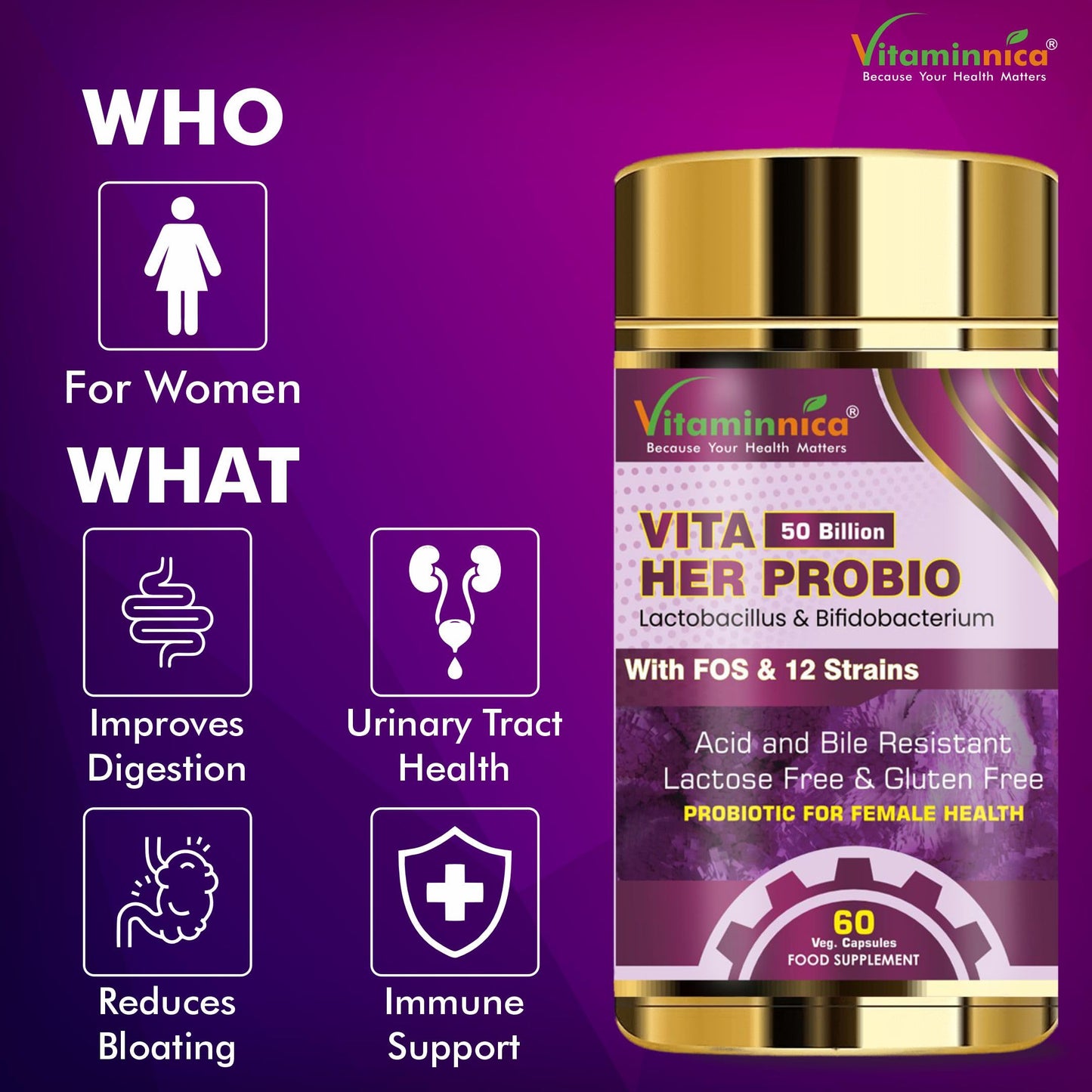 Vitaminnica Because your Health Matters Vitaminnica Vita Her Probio | 50 Billion | 12 Probiotics Strains | Premium Women's Blend for Gut & Vaginal Health | 60 Capsules