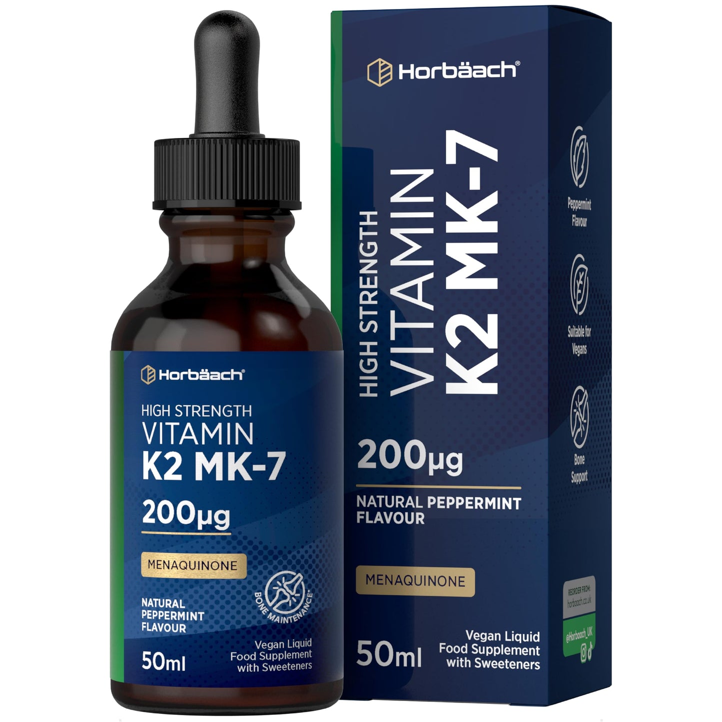 Horbäach Vitamin K2 MK7 Drops 200ug | 50 ml | High Strength Vitamin K2 as Menaquinone MK7 | Peppermint Flavour | Vegan Liquid Food Supplement | by Horbaach