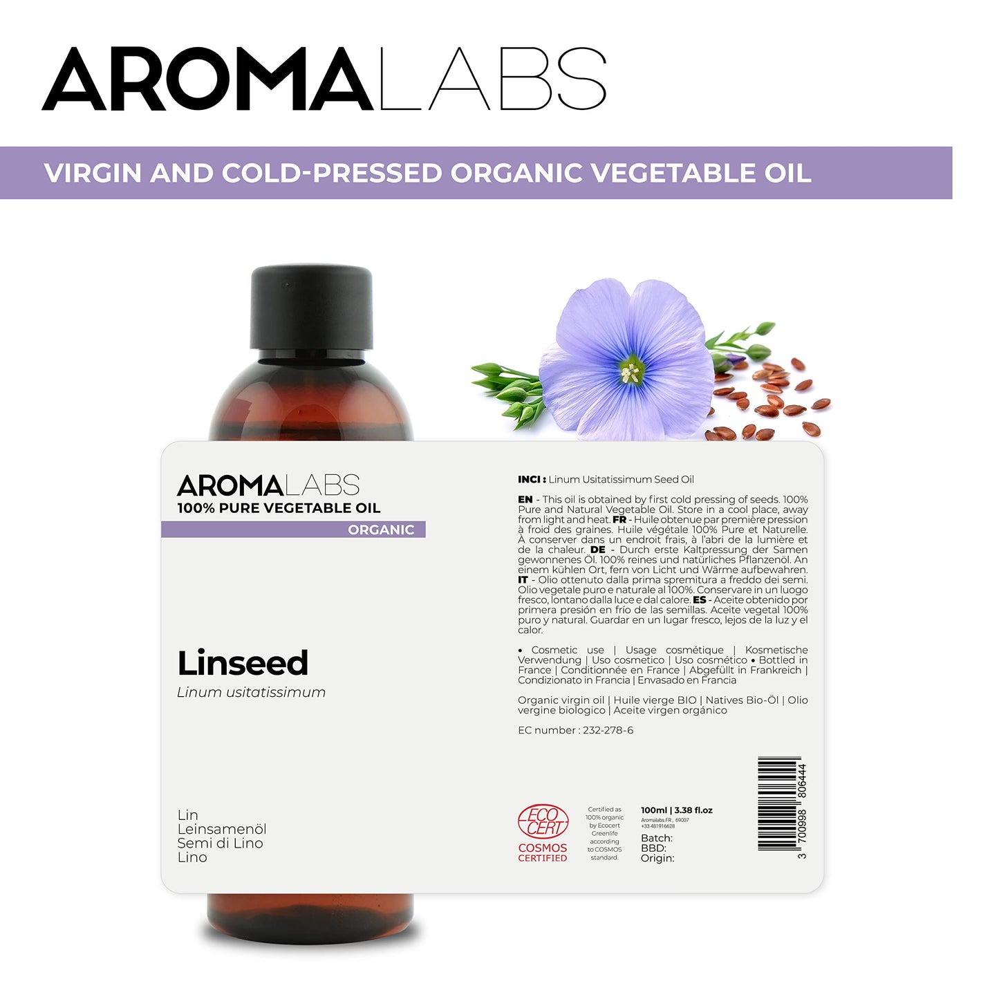 Aroma Labs ORGANIC - LINSEED Oil - 100mL - 100% Pure, Natural, Cold Pressed and Cosmos Certified - AROMA LABS (French Brand)