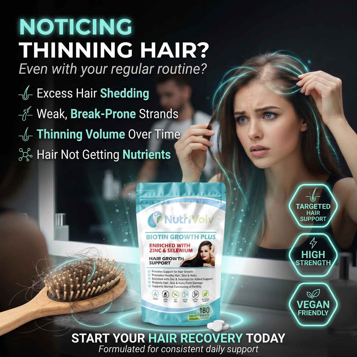 NutriVolv Biotin Hair Growth | Enhanced with Zinc & Selenium | 180 Tablets | 10,000mcg Biotin | Hair Vitamins Complex | Vegan | Hair Skin & Nails Vitamins for Men & Women | UK Made