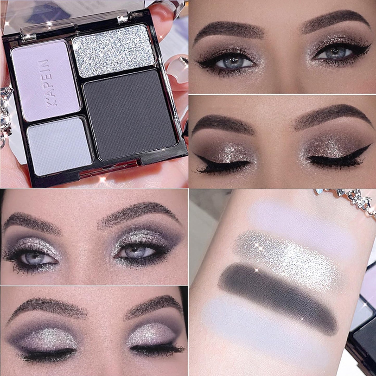 LYNTYAOU Black Silver Smoky Eyeshadow Palettes Goth Eye Shadow Palette, Gray Cool Make-Up Palettes Shimmer for Women Glitter Make up Set, Festival Eyeshadows 4 Colour, Long Lasting Highly Pigmented with Brush