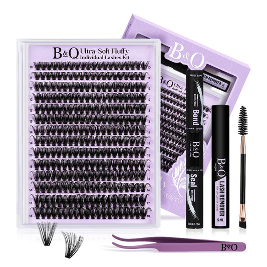 BelleQiana B&Q Cluster Lashes kit 280PCS 70D Volume Lash Extension Kit 10-18mm Ultra-Soft Eyelash Clusters D Curl Easy Application Individual Lashes at Home with Bond and Seal (70D Set-D-10-18)