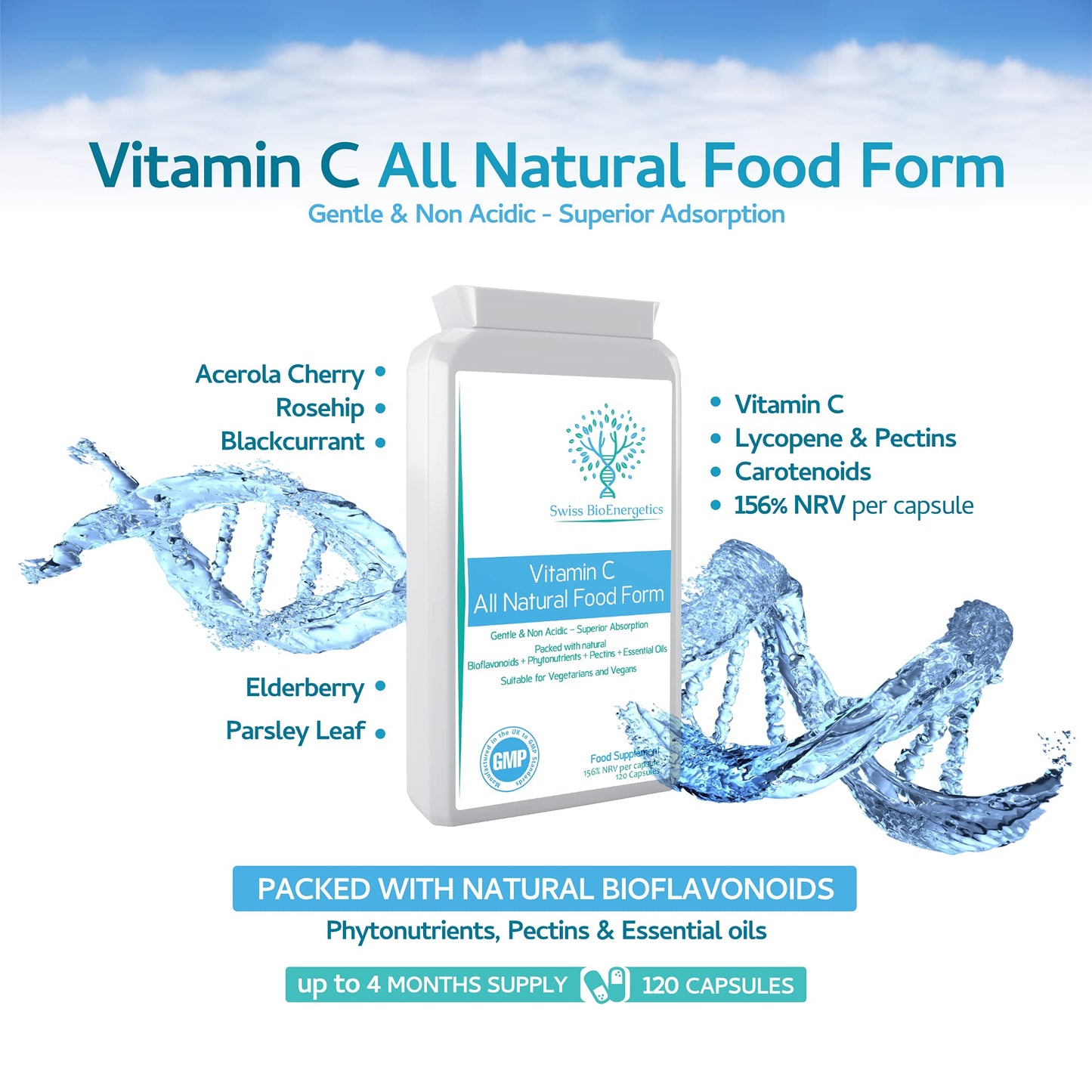 Natural Vitamin C 120 Capsules – Optimum Absorption All-Natural Food Form - Gentle & Non-Acidic - Packed with Bioflavonoids, Pectins, Essential Oils & phytonutrients - NO Synthetic ascorbic Acid