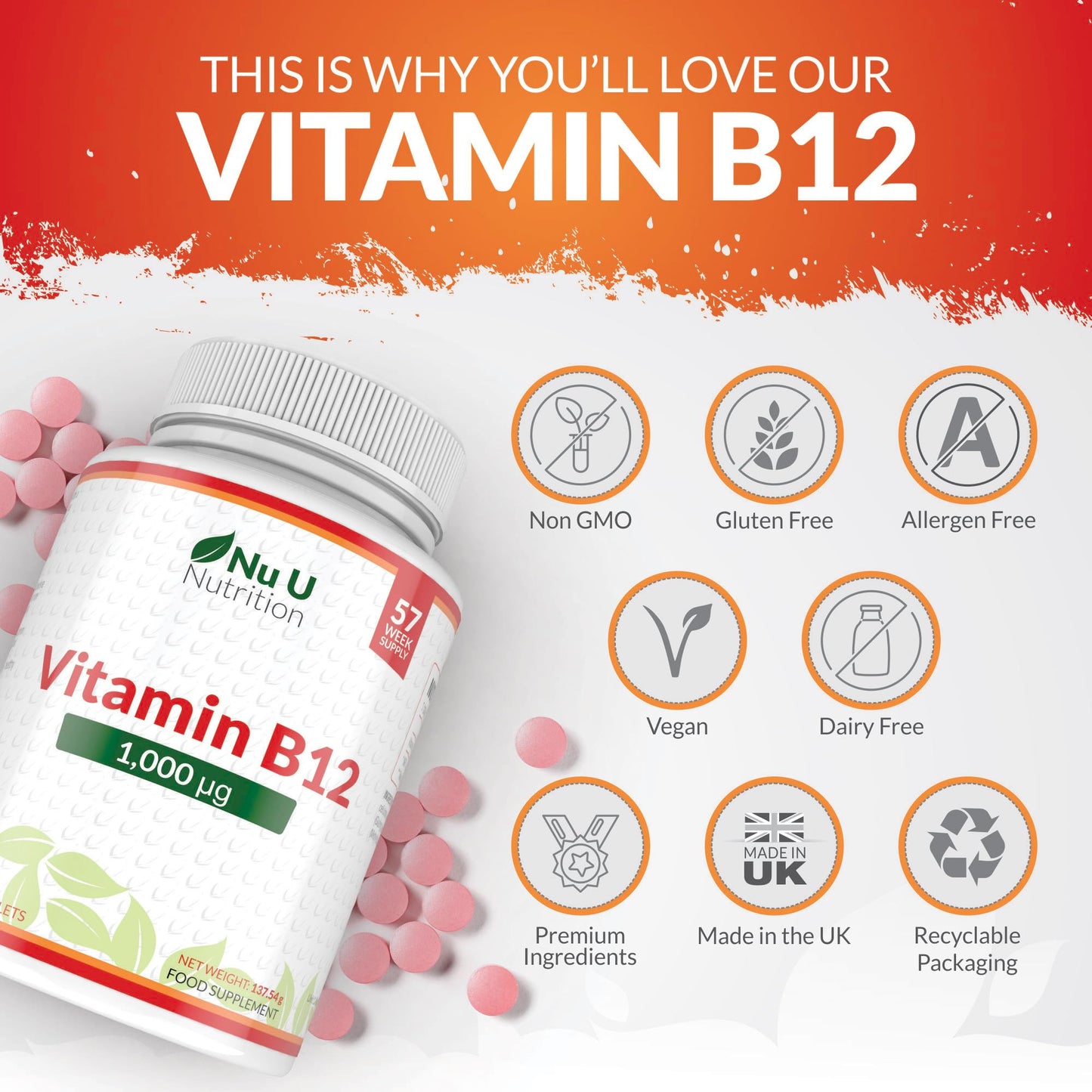 Vitamin B12 1000mcg - 400 High Strength Vegan Tablets - VIT B12 Methylcobalamin - 13 Month Supply - Contributes to The Reduction of Tiredness & Fatigue