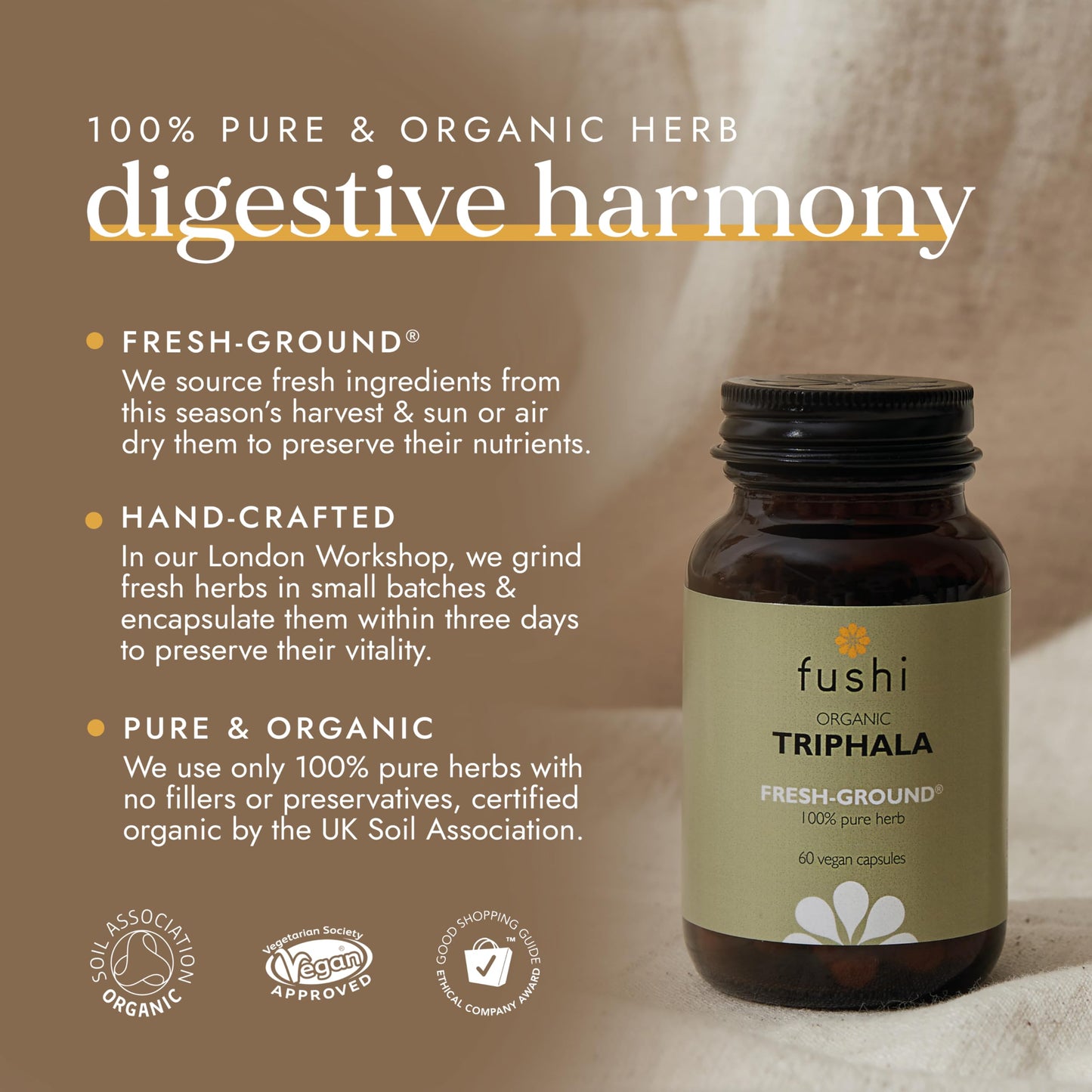 Fushi Organic Triphala Capsules, 60 Caps | Fresh-Ground Whole Food | Body Tonic, Cleansing & Detoxifying the system, Regulating Digestive System | Ayurvedic Medicine| Ethical & Vegan |Made in the UK