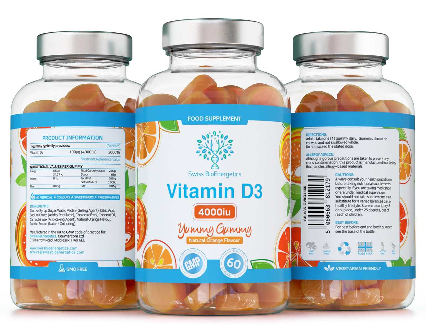 swiss bioenergetics Vitamin D3 Gummies 4000IU, 100µg - 60 Natural Orange Flavour Chewable Yummy Gummies - 2 Month Supply - Made in The UK