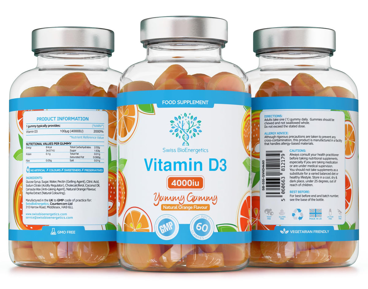 swiss bioenergetics Vitamin D3 Gummies 4000IU, 100µg - 60 Natural Orange Flavour Chewable Yummy Gummies - 2 Month Supply - Made in the UK