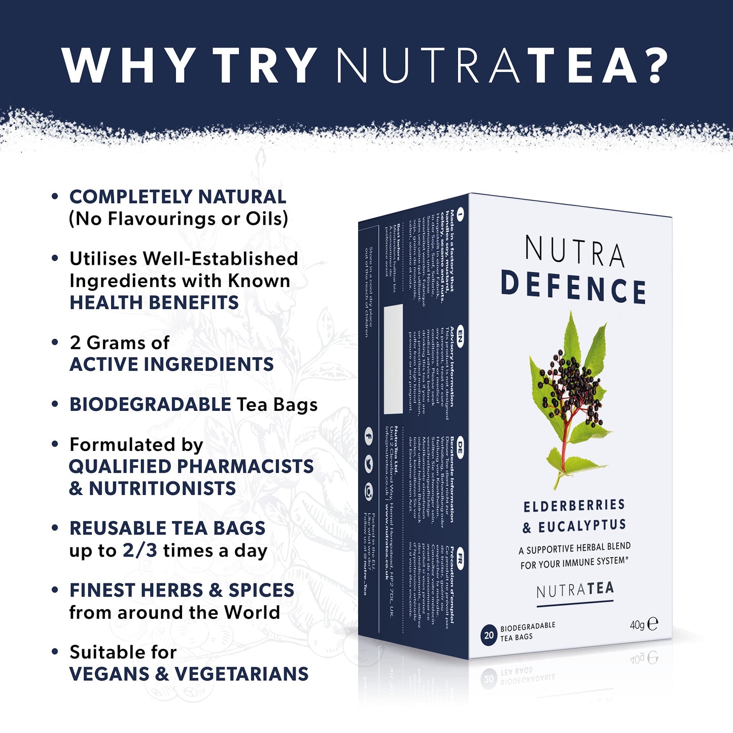 Nutra Tea NUTRADEFENCE - Cold & Flu Tea - Cough Teabags - Immune Tea - Providing Immune Support - With Eucalyptus, Elderberry And Mullein - 60 Individual Wrapped Bags - Herbal Infusion (3 Pack)