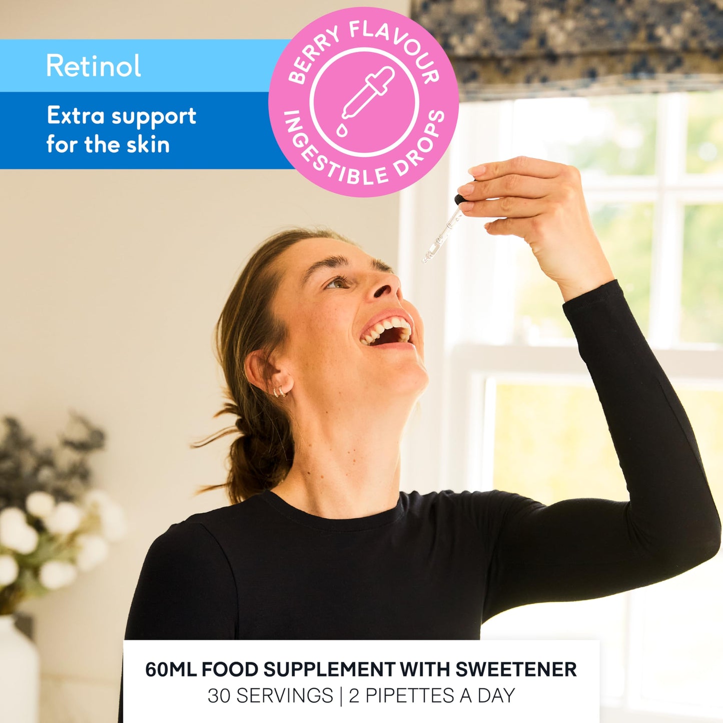 Beauty Dropz Retinol Oral Skin Care Drops – Fine Line Reduction – Vitamin A (Retinyl) – Youthful Glow – Vitamin E/Vegan Liquid Supplement for Radiant Skin – Berry Flavour – 60ml