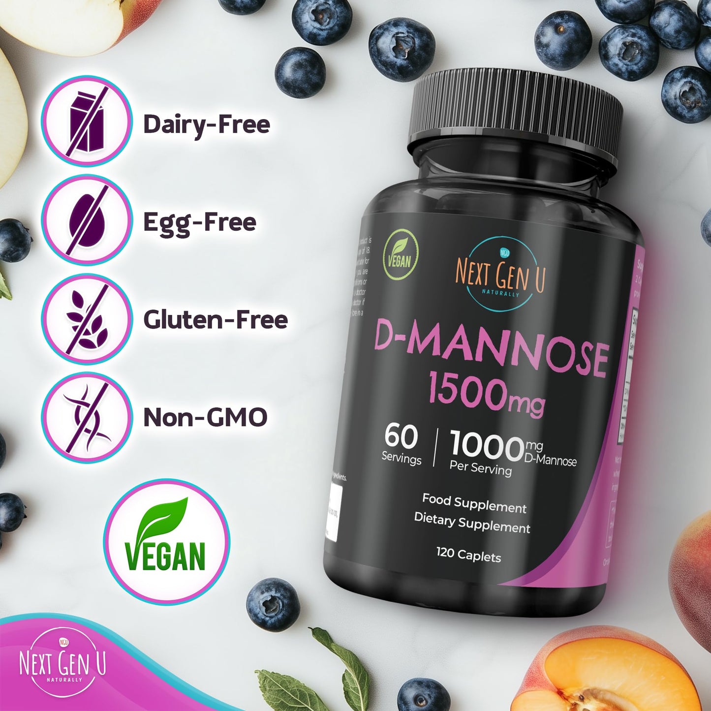 NGU Next Gen U D Mannose - 1500 mg - Health Food Supplement - 120 Vegan Caplets - Helps Support a Healthy Urinary Tract & Bladder - by NextGenU