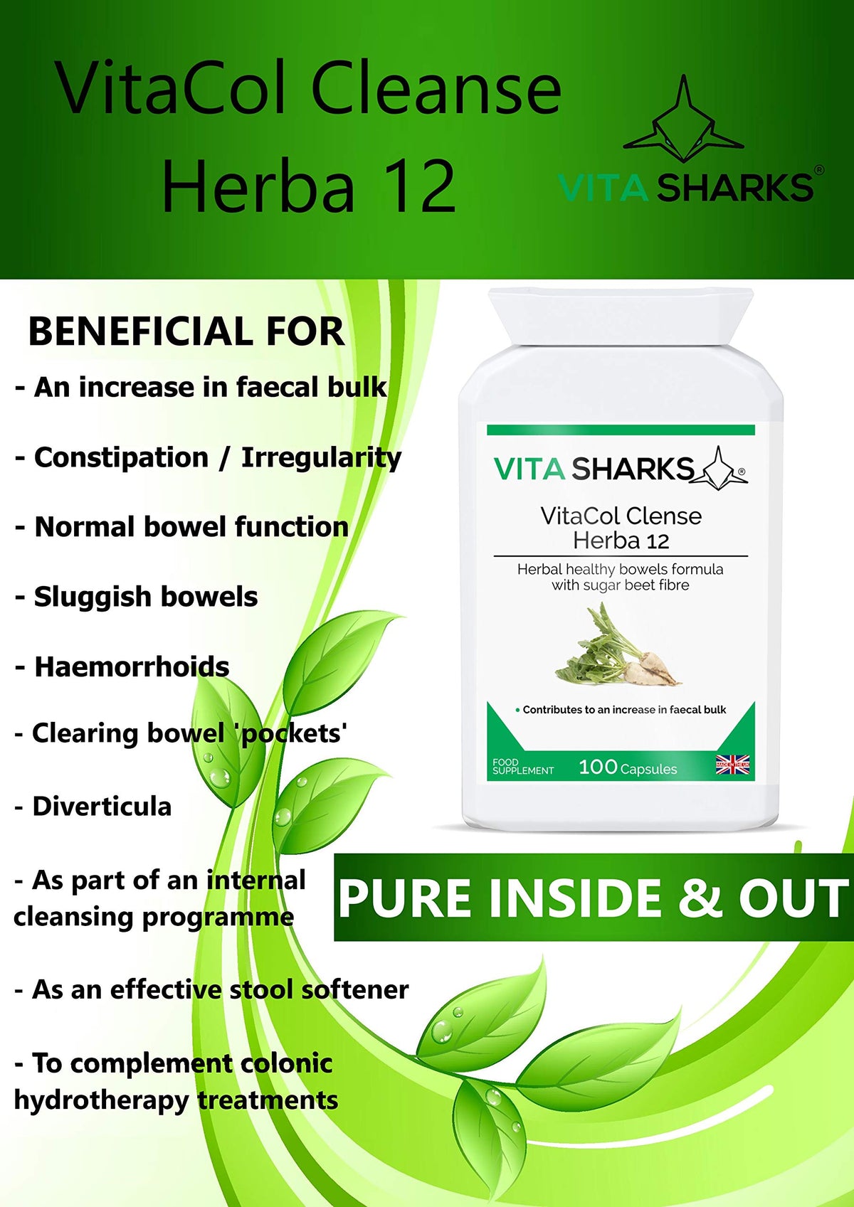 Vita Sharks VitaCol Cleanse & Clear Herba 12 - Fibre Enriched Vegetarian Herbal Colon Cleansing Formula. Increase Faecal Bulk with 12+ Kosher Herbal Ingredients