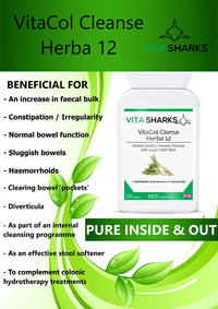 Vita Sharks VitaCol Cleanse & Clear Herba 12 - Fibre Enriched Vegetarian Herbal Colon Cleansing Formula. Increase Faecal Bulk with 12+ Kosher Herbal Ingredients