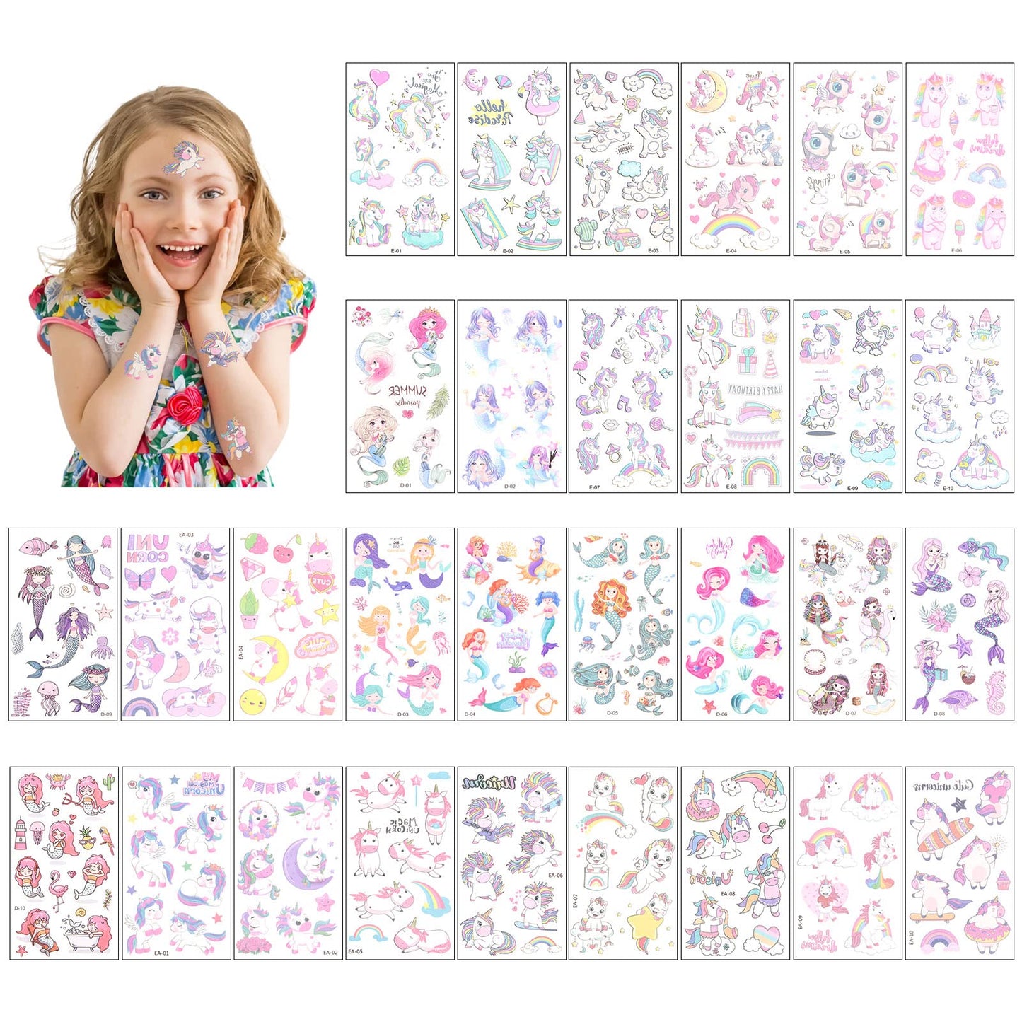 ACWOO Unicorn Temporary Tattoos, 30 Sheets Unicorn Mermaid Temporary Tattoo Stickers for Kids, 350+ Patterns Waterproof Removable, Birthday Party Bag Filler