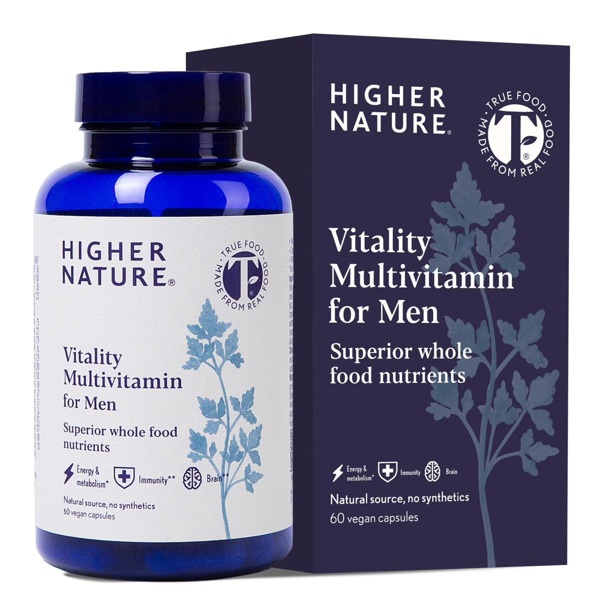 HIGHER NATURE Higher Nature Vitality Multivitamin for Men - True Food® Formula Nutrients from 16 Real Foods - Vegan Multivitamin - One Month Supply of Mens Vitamins - 60 Multi Vitamins Capsules