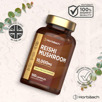 Horbäach Reishi Mushroom Capsules 10,000mg | Red Reishi Extract (5:1) | High Strength Supplement | 100 Powder Capsules | by Horbaach