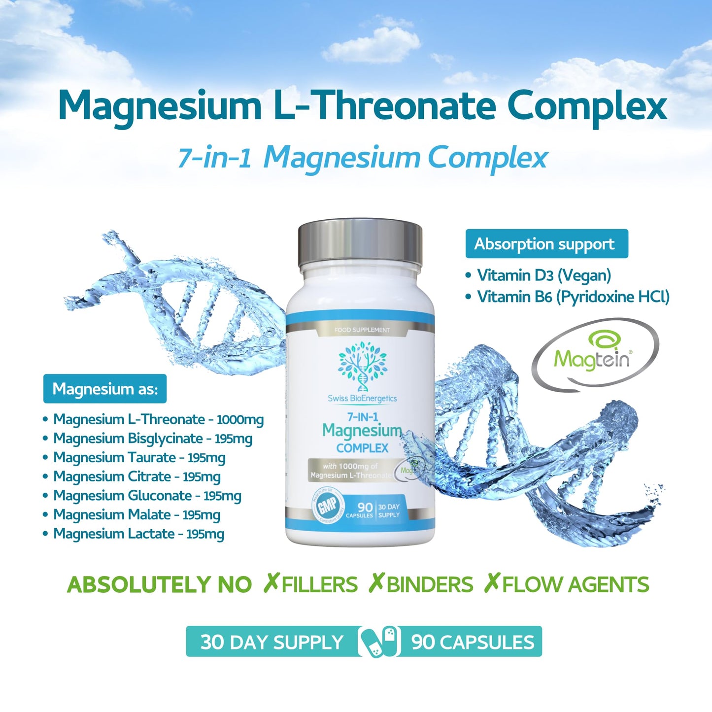 swiss bioenergetics Magnesium L-Threonate Complex 7-in-1 with 1000mg of Magtein Plus Magnesium as Bisglycinate, Taurate, Citrate, Gluconate, Malate & Lactate - Supports Sleep - Vegan, UK Made and No Artificial Nasties
