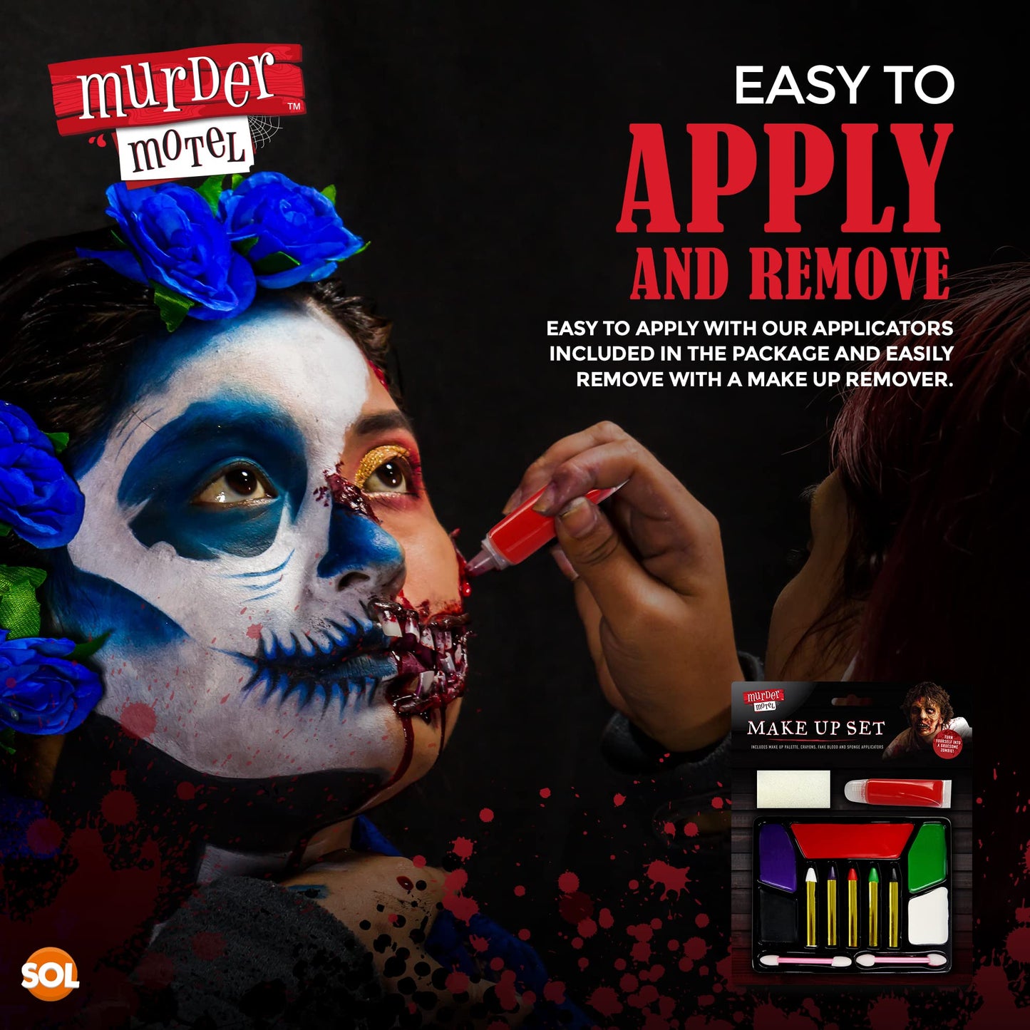 SOL Halloween Make Up Kids Set | Complete Make Up Set Fake Blood, Crayons, Halloween Face Paint & Applicators | Safe to Use for Kids Face Paint Kit | Halloween Makeup Kit | Vampire Makeup Kit Facepaint