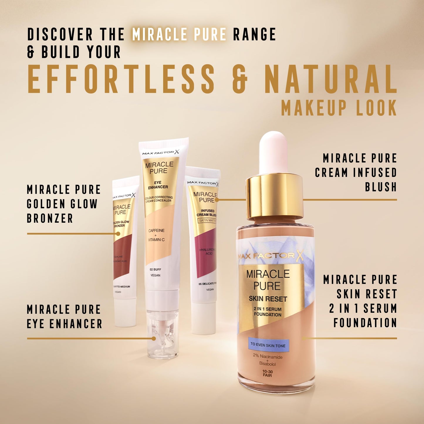 Max Factor Miracle Pure Golden Glow Liquid Bronzer 001 Light to Medium, Sun-Kissed Skin All Year Round, Infused with Hylauronic Acid & Squalene, Creamy Formula, Vegan