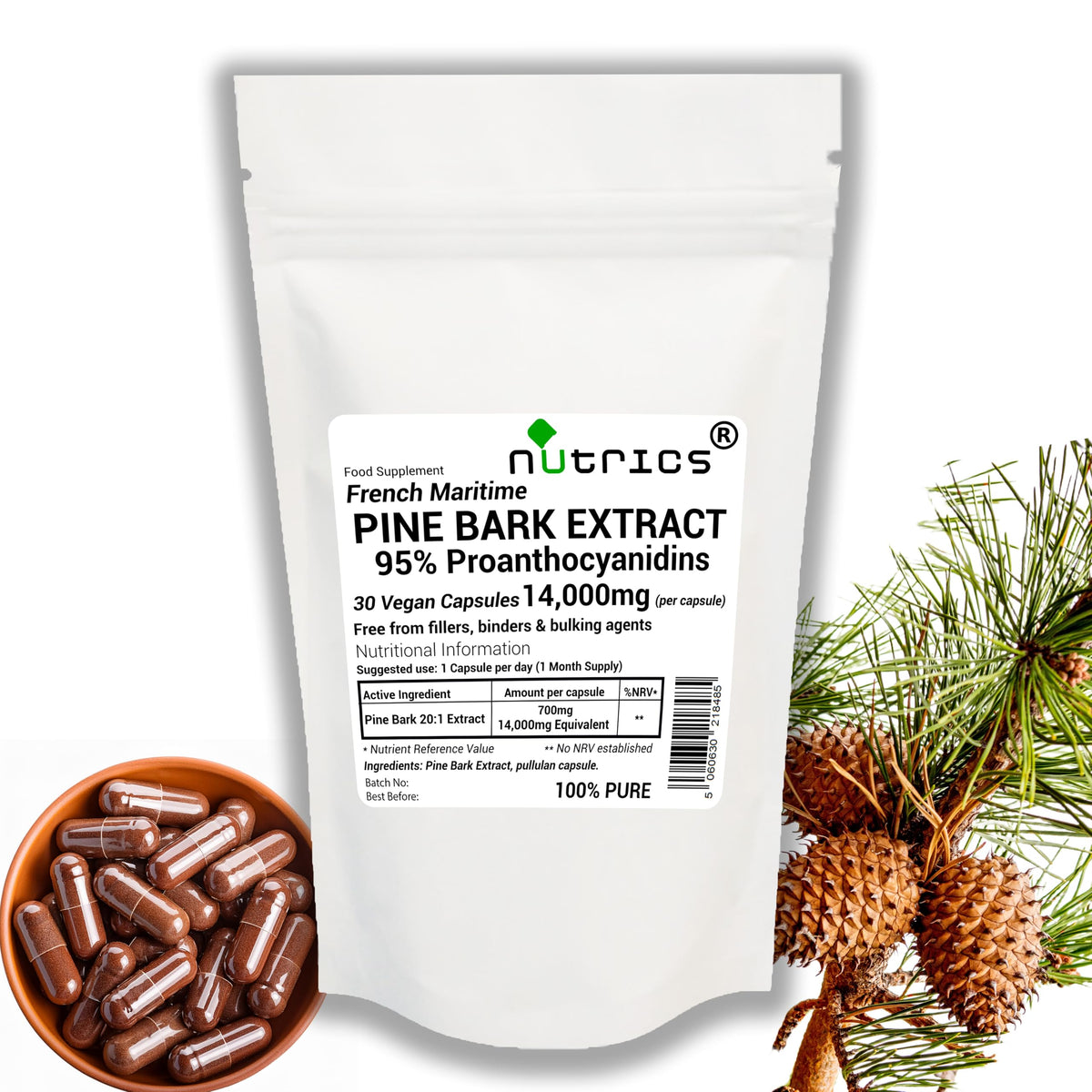 Nutrics 14000mg French Maritime Pine BARK Extract 95% Proanthocyanidins Pure 30 V Capsules (1 Month Supply) - Suitable for Vegan Vegetarian (30)