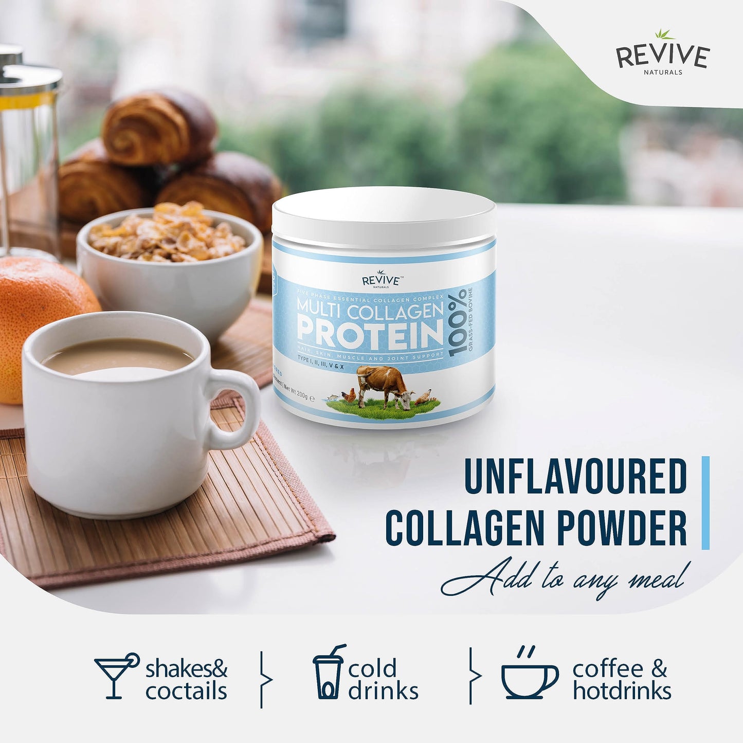 Revive Naturals Multi Collagen Protein Powder (200g) - Types I, II, III, V & X - Hydrolyzed Grass Fed Bovine, Wild Caught Fish, & Free-Range Chicken & Eggshell Collagen (10 Day Supply)