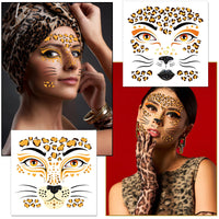 DPKOW Leopard Face Tattoos & Gems, Temporary Tattoos & Face Gems for Kids & Adults, Waterproof, Leopard Print