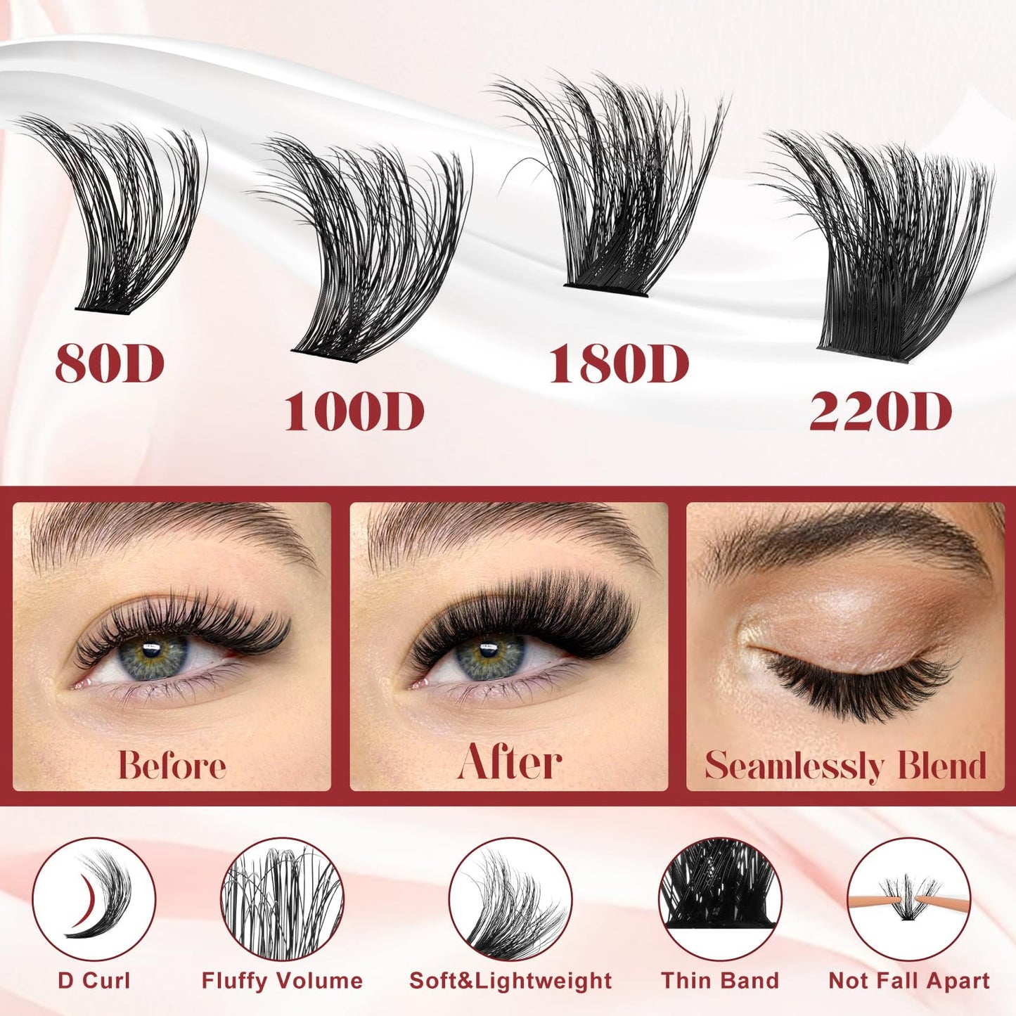 Fluffy-Cluster-Lashes 180D Individual-Eyelashes, Higu clace 12-20mm Thick Lash-Clusters D Curl Long Lash, Reusable Russian Individual-Lashes Clusters DIY Lash Extensions at Home (180D 12-20)