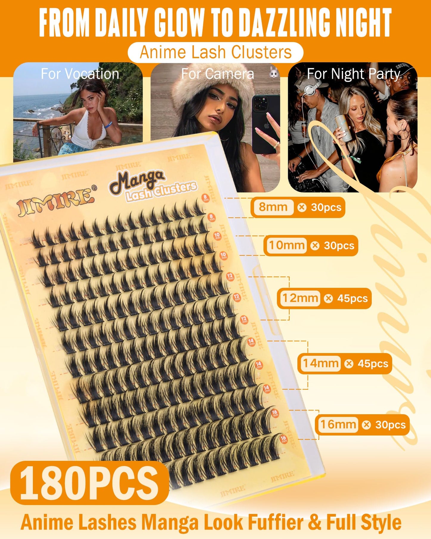 JIMIRE Manga Cluster Lashes Natural Looking 180Pcs Individual Eyelashes Wispy Eyelash Extensions Lashes Individual Cluster 8-16MM C Curl Anime DIY Eyelash Clusters at Home