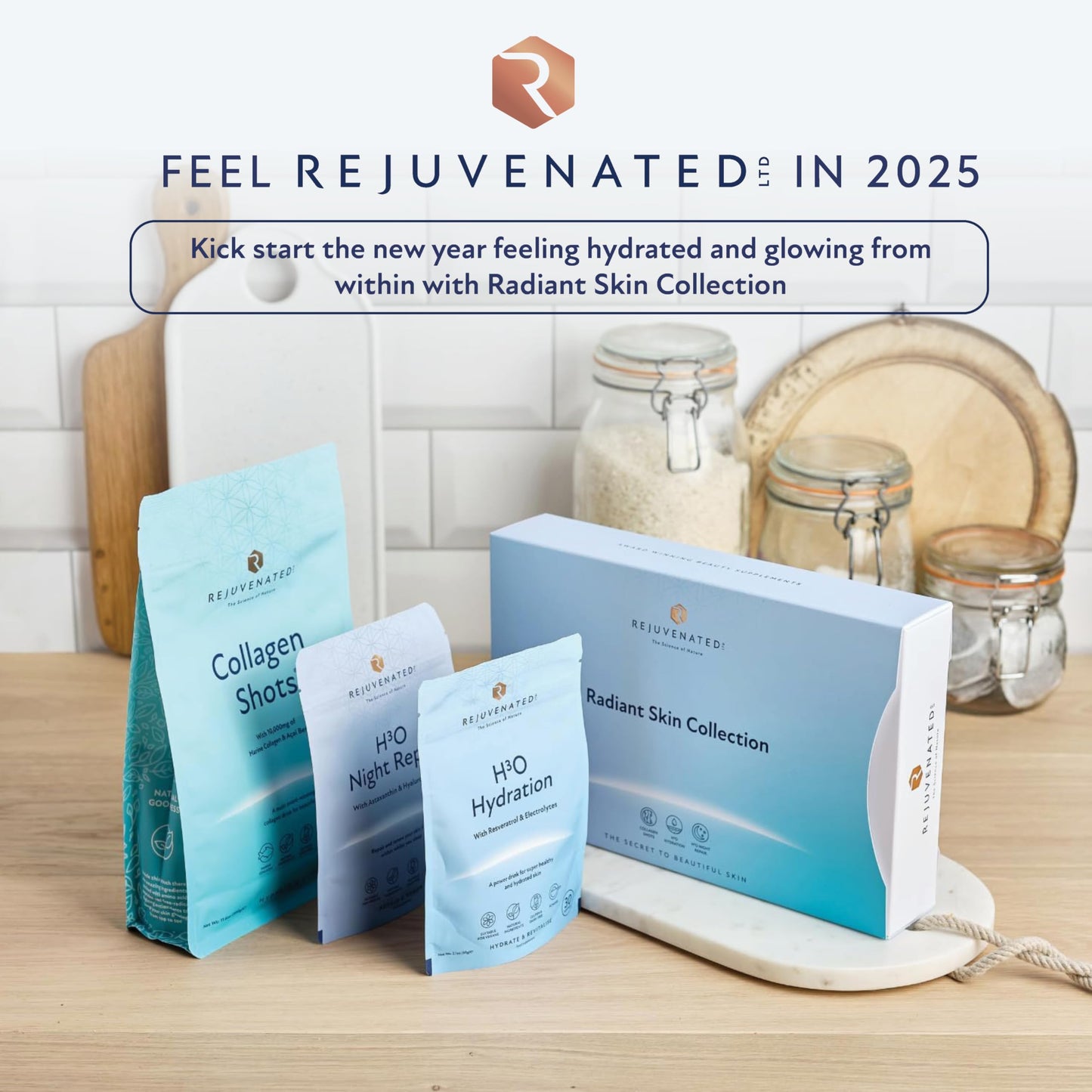 Rejuvenated Limited Rejuvenated Radiant Pack 3-in 1 Collection (Collagen Shots, H30 Night Repair & Hydration) - 10,000 mg Marine Collagen Supplement Drink | Skin Repair During Sleep | Skin & Body Hydration (30 Servings)