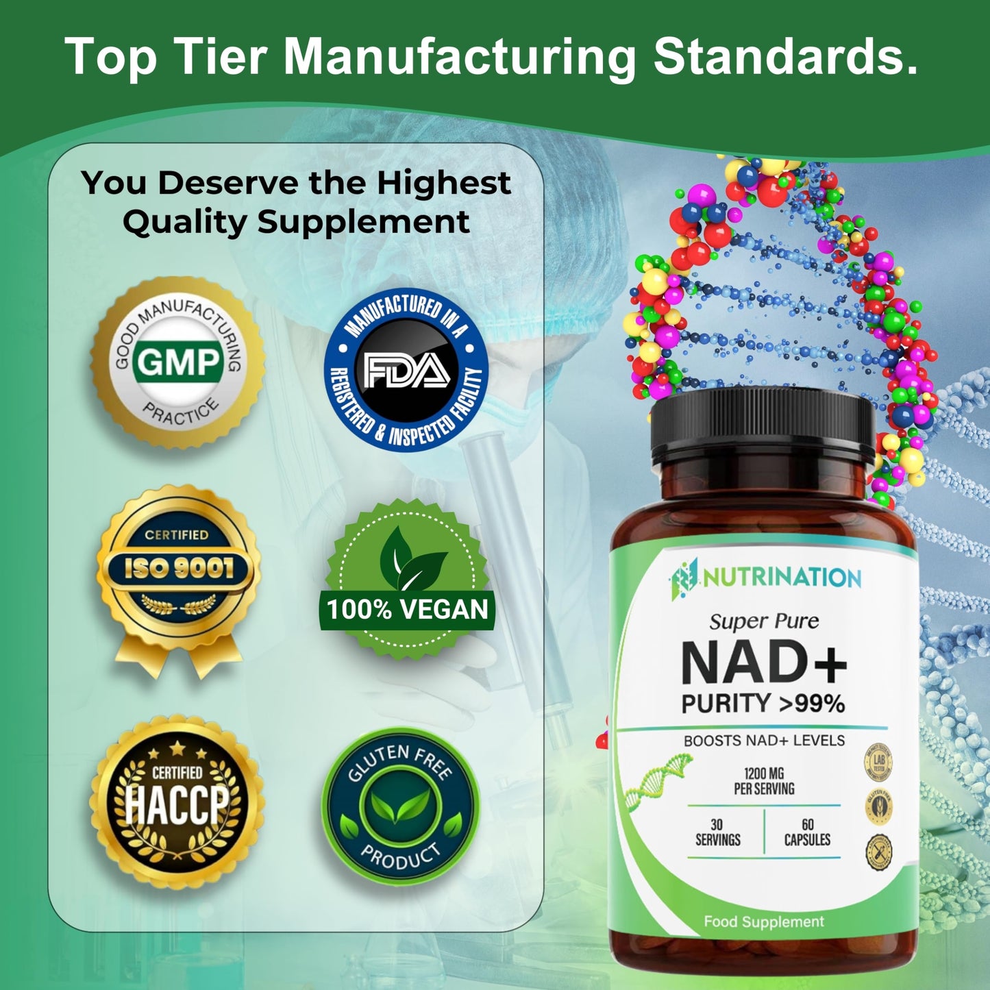 NUTRINATION NAD Supplements UK 1200mg | Super Pure 99.5% Nicotinamide Adenine Dinucleotide | 60 High-Strength Capsules | NAD+ Supplement for Anti-Aging, Boost Energy Levels & Cellular Health | Vegan & Non-GMO