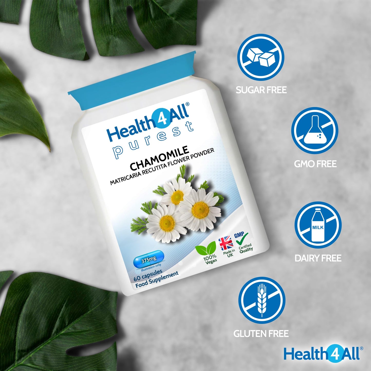 Health4All Chamomile 375mg, 60 Capsules 2 Months Supply, Purest Anxiety, Stress, Sleep and Digestive Health Supplement, Vegan Matricaria Recutita Flower Powder (not Extract) Capsules | Made in UK