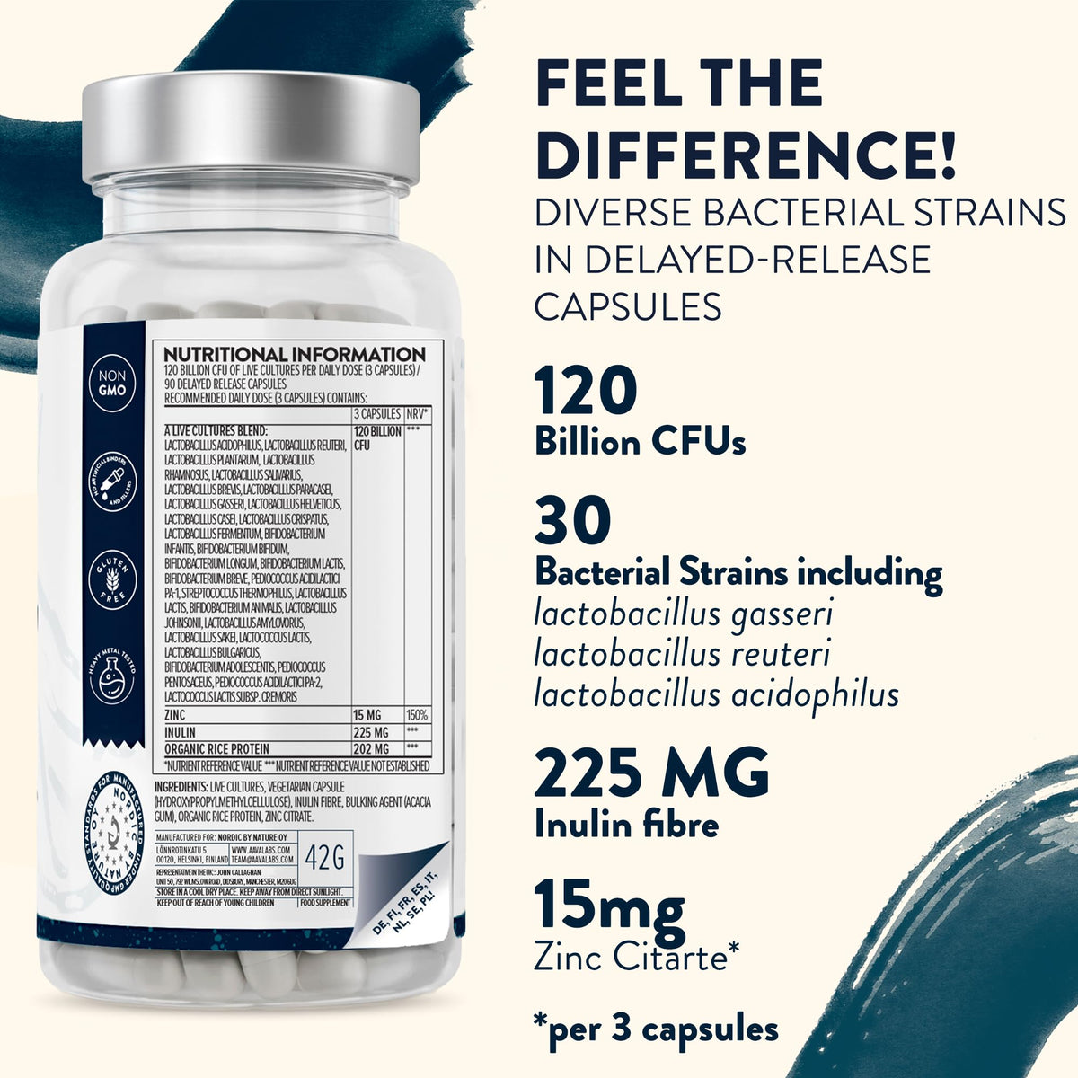 AAVALABS Bio Cultures Complex [ 120 Billion CFU ] 30x Bacterial Strains incl. Lactobacillus Acidophilus & Bifidobacterium per Serving - 90 Capsules - 3rd Party Tested