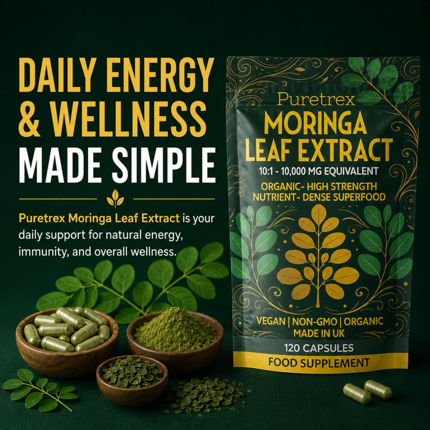 Puretrex Moringa Leaf Extract Capsules 10,000mg Equivalent 10:1, 120 Count, High Strength Organic Moringa Oleifera, BioPerine Black Pepper, Natural Energy Immunity Vitality Support, Vegan, Made in UK