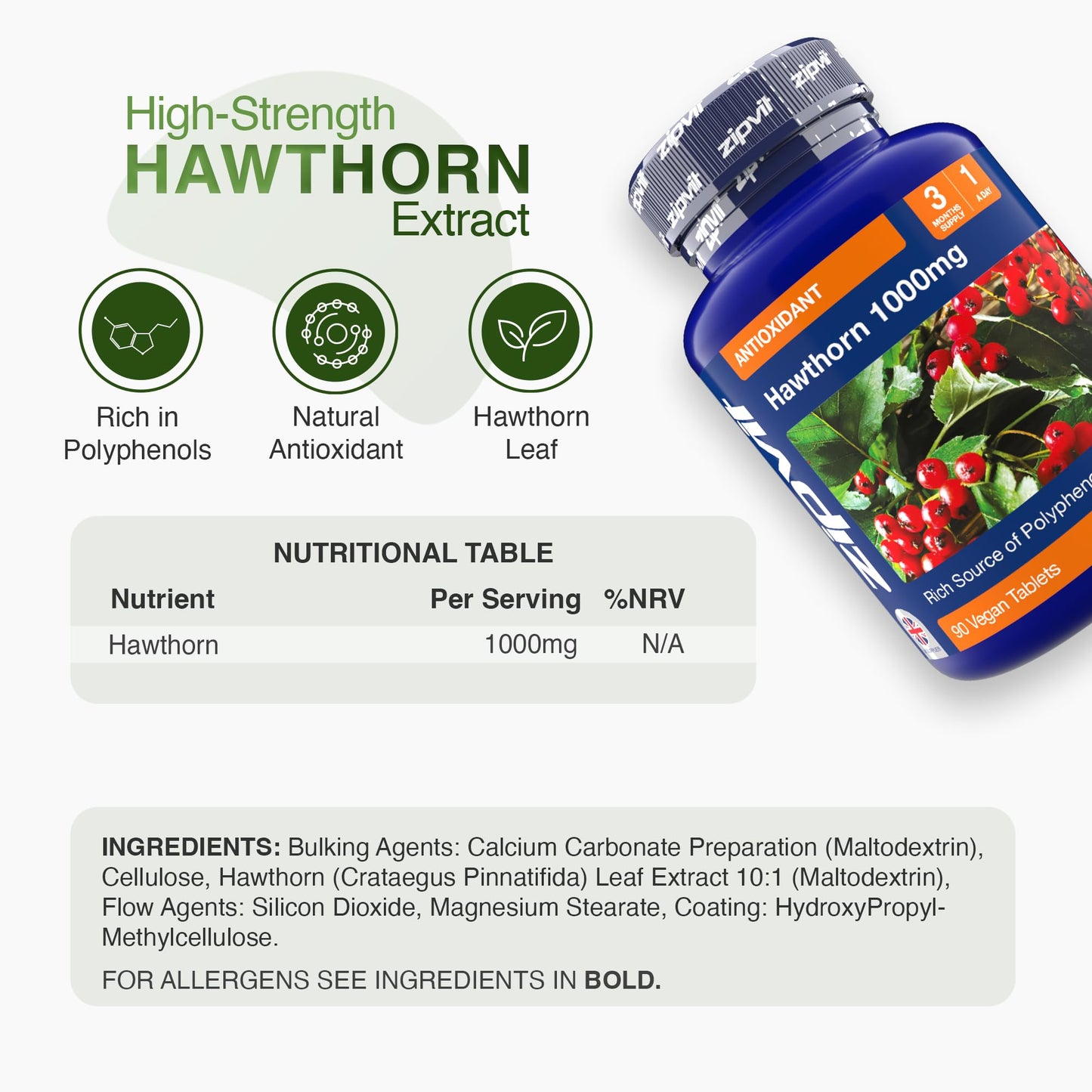 Zipvit Hawthorn Berry Leaf Tablets 1000mg, 90 Vegan Hawthorn Tablets 3 Month Supply
