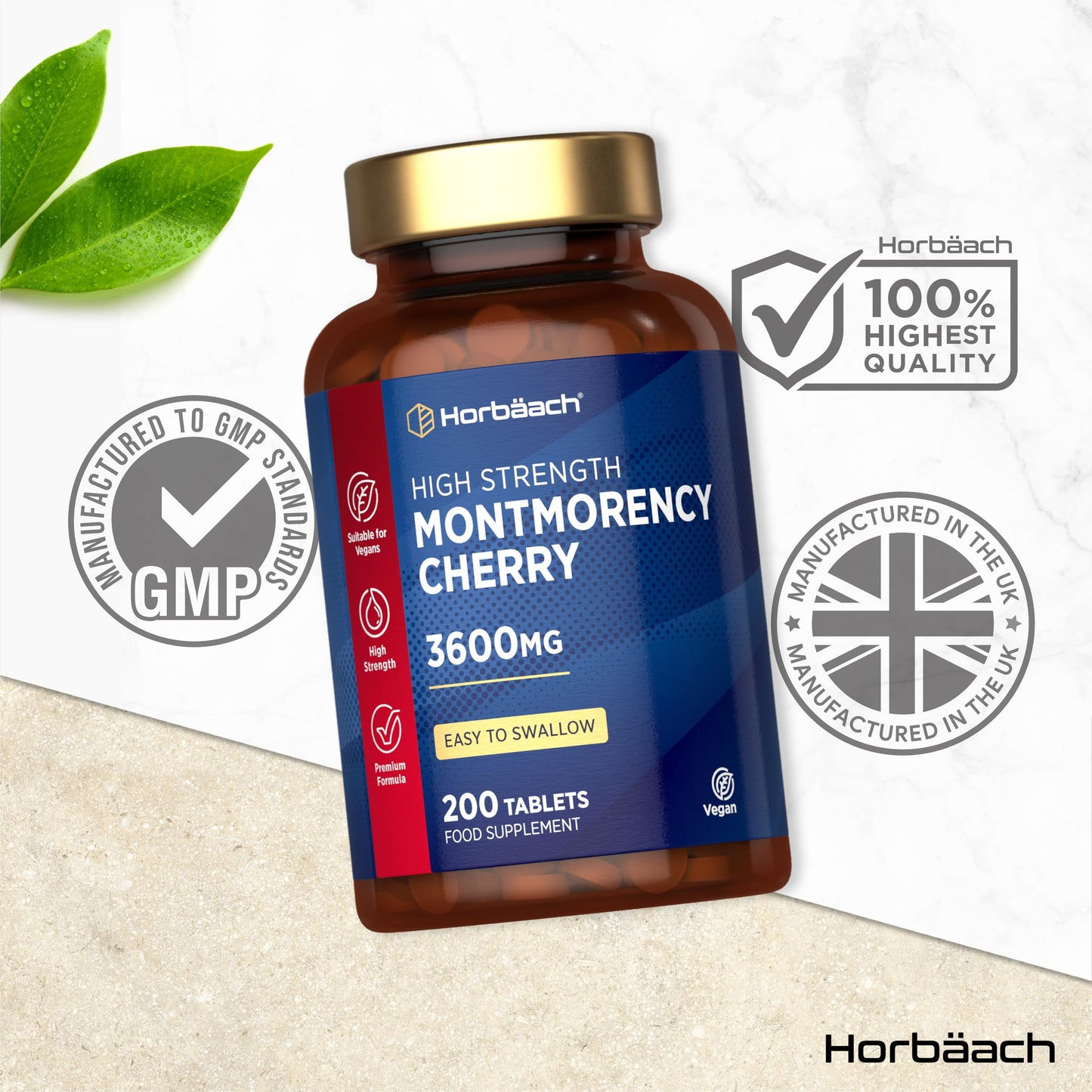 Horbäach Montmorency Cherry Tablets 3600mg | 200 Count | 50:1 Natural Tart Cherry Extract | High Strength Vegan Concentrate | by Horbaach