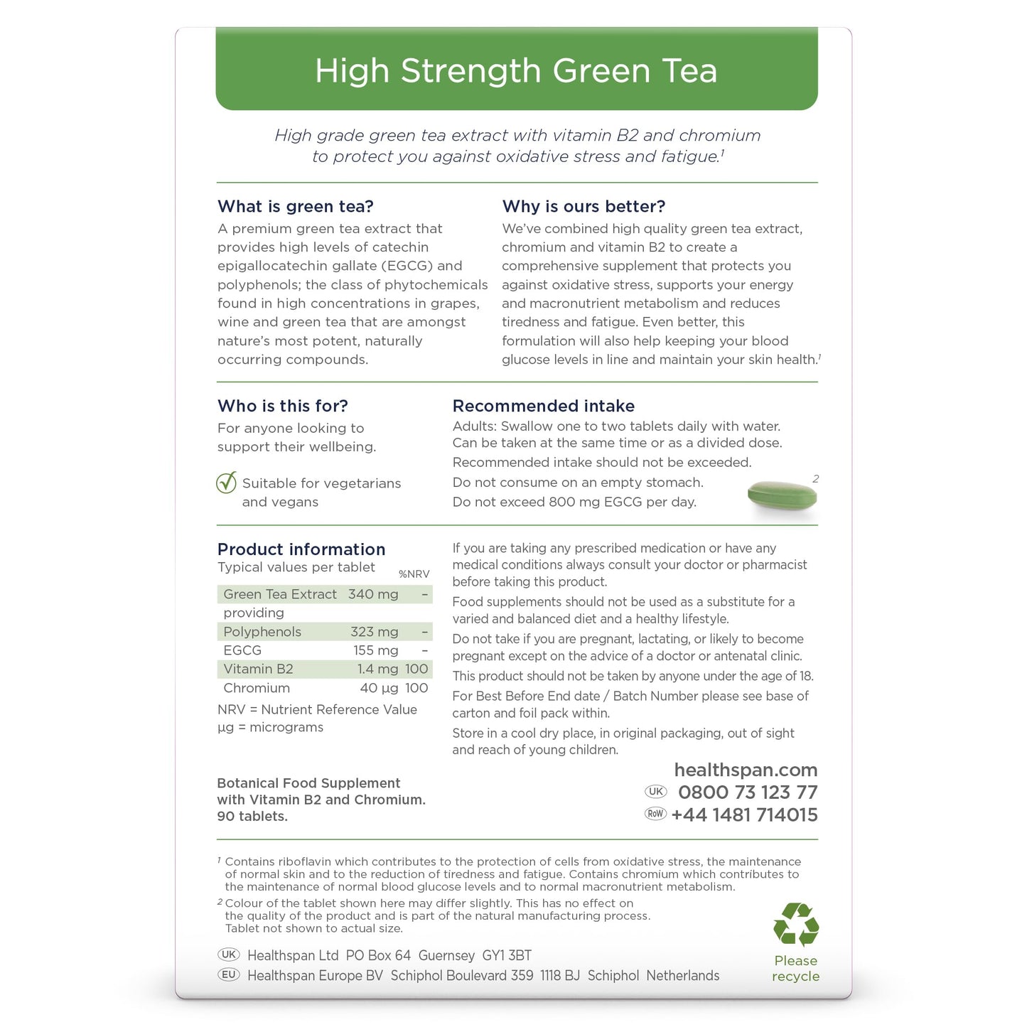 Healthspan High Strength Green Tea (90 Tablets) | with Chromium & Vitamin B2 to Maintain Normal Blood Glucose Levels | Protect Cells from Oxidative Stress | Vegan
