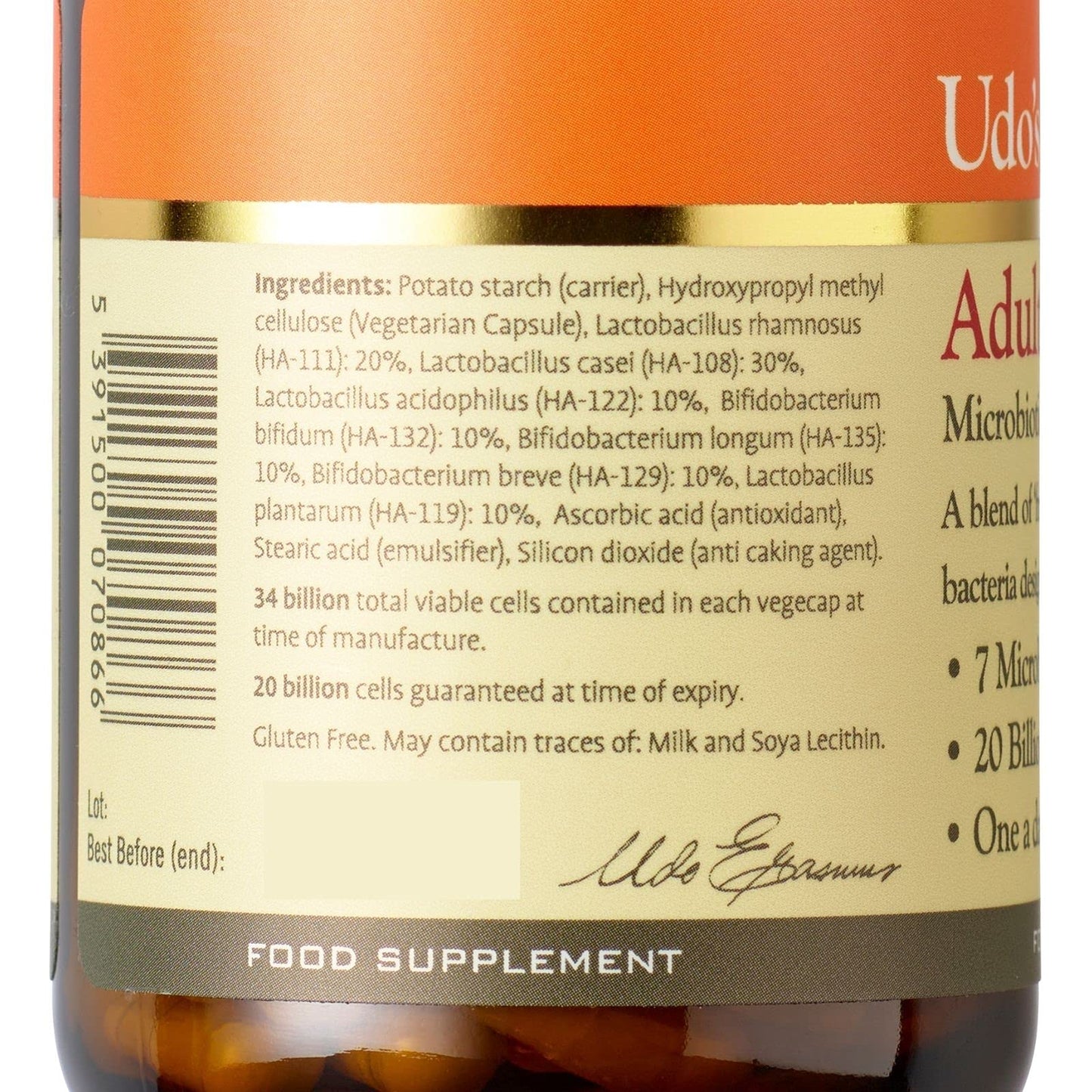 Udo's Choice Adults 50 Plus Age Specific Probiotics - Lacto & Bifido Bacteria - 34 Billion Cell Count - 7 Microbiotics Strains- Designed for Optimum Bowel Health - 30 Vegecaps