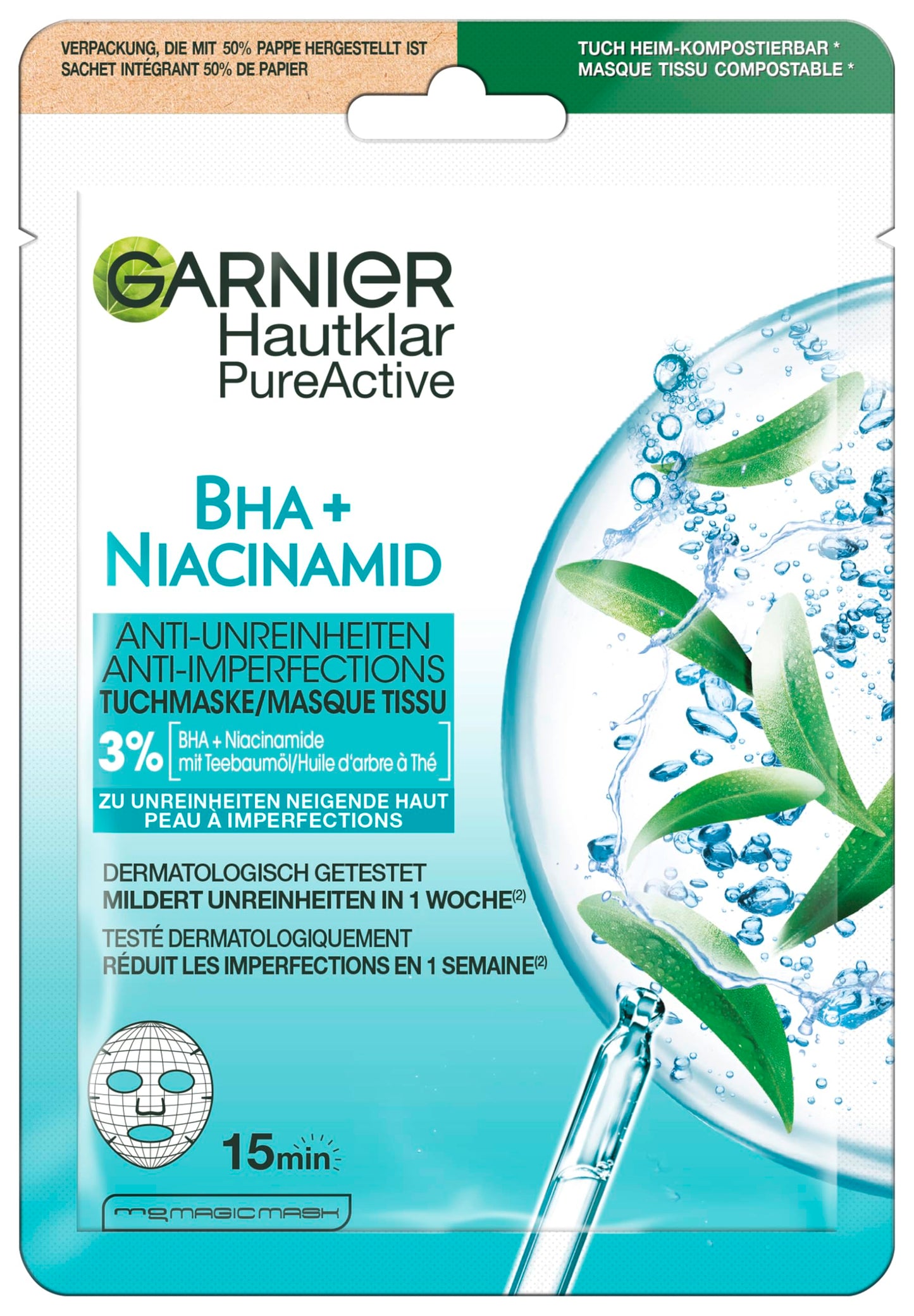 Garnier Cloth Mask, Face Mask for Oily Skin, Anti-Impurities, Formula with Tea Tree Oil and Salicylic Acid, Clear Active, 23 g
