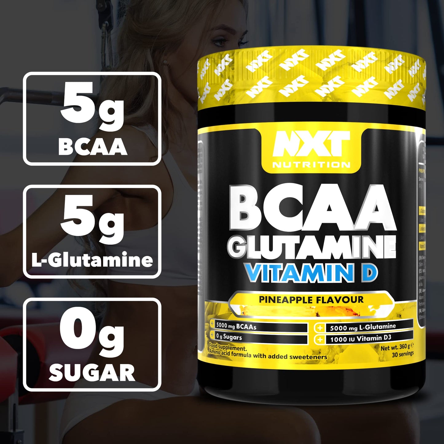 NXT Nutrition BCAA, Glutamine & Vitamin D | BCAAs Amino Acids with Vitamin D3 and L-Glutamine - for Recovery, Gut Health and Muscle Protein Synthesis | 360g - 30 Servings (Pineapple)