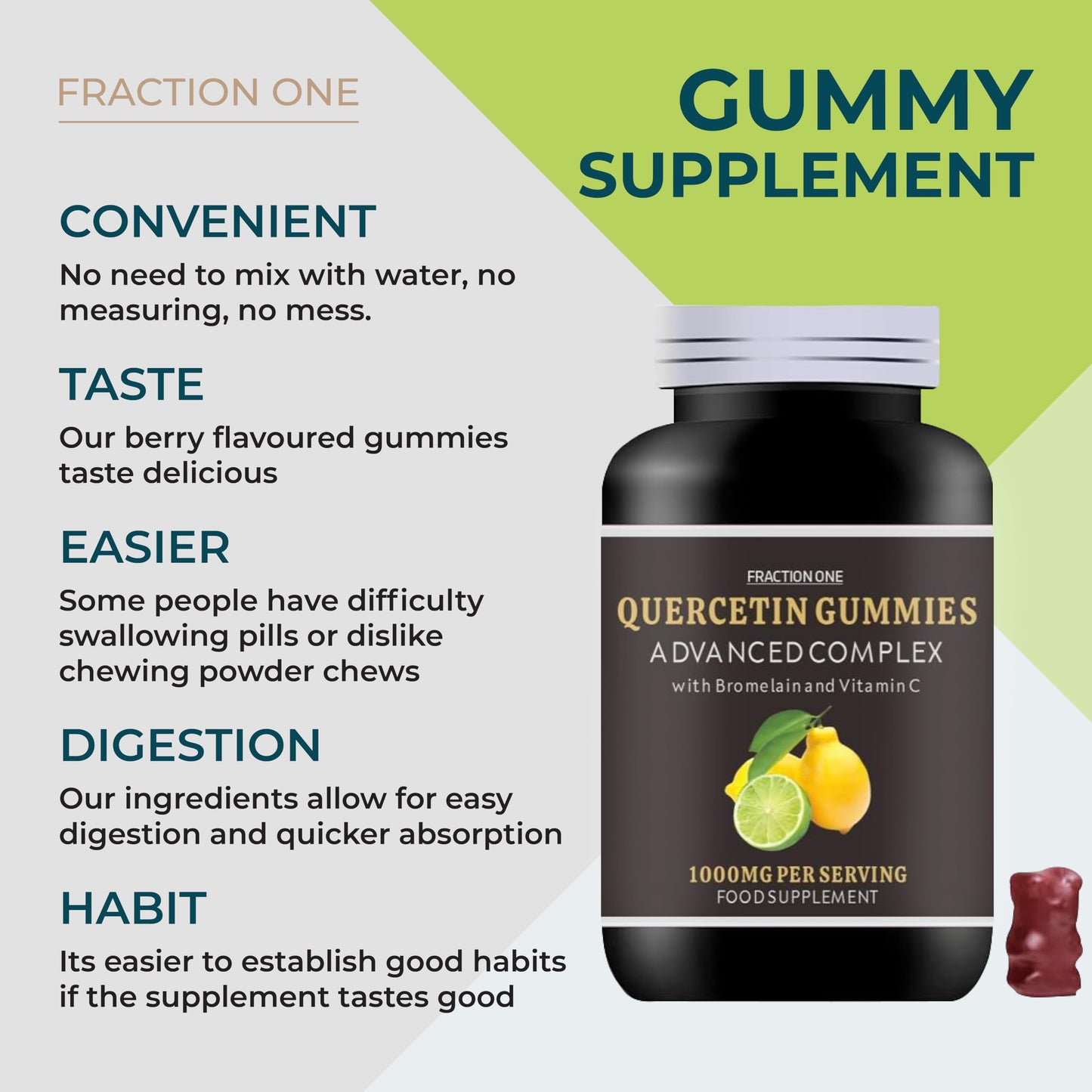 Fraction One Quercetin Gummies Enhanced with Bromelain, Vitamin C - Quercetin 1000mg - 120 Gummies - 60 Servings - Quercetin Complex - Quercetin Supplement -Antioxidant Supplement for Immune Support