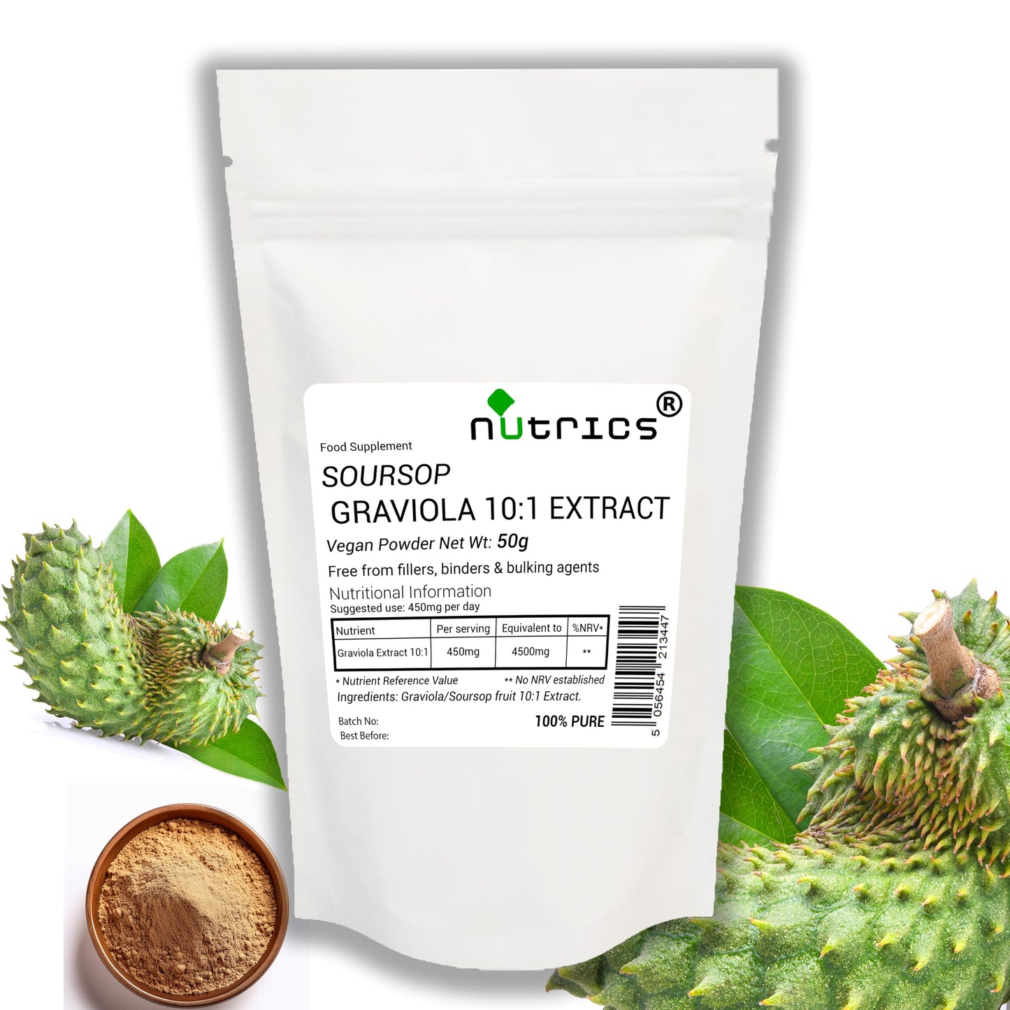Nutrics® GRAVIOLA 10:1 Extract Powder 50g Soursop Fruit - Annona Muricata - Ten Times Stronger Than Powder - Suitable for Vegan Vegetarian