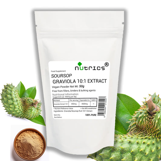 Nutrics® GRAVIOLA 10:1 Extract Powder 50g Soursop Fruit - Annona Muricata - Ten Times Stronger Than Powder - Suitable for Vegan Vegetarian