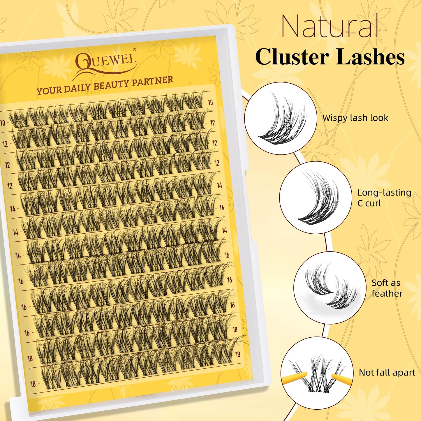 QUEWEL Natural Cluster Lashes D Curl Wispy Eyelash Clusters Mix 10-18mm, Eyelashes Individual DIY Lash Extensions at Home(QU43)