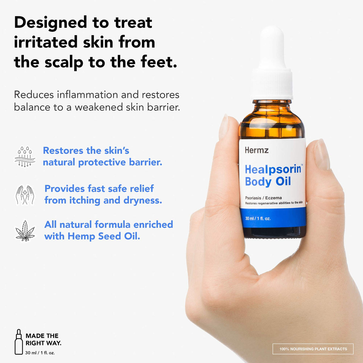 Hermz Laboratories Healpsorin Hemp Body Oil + Microfibre Cloth - Scalp Psoriasis Treatment - Itchy, Cracked and Irritated Skin - Eczema, Rosacea - 30ml