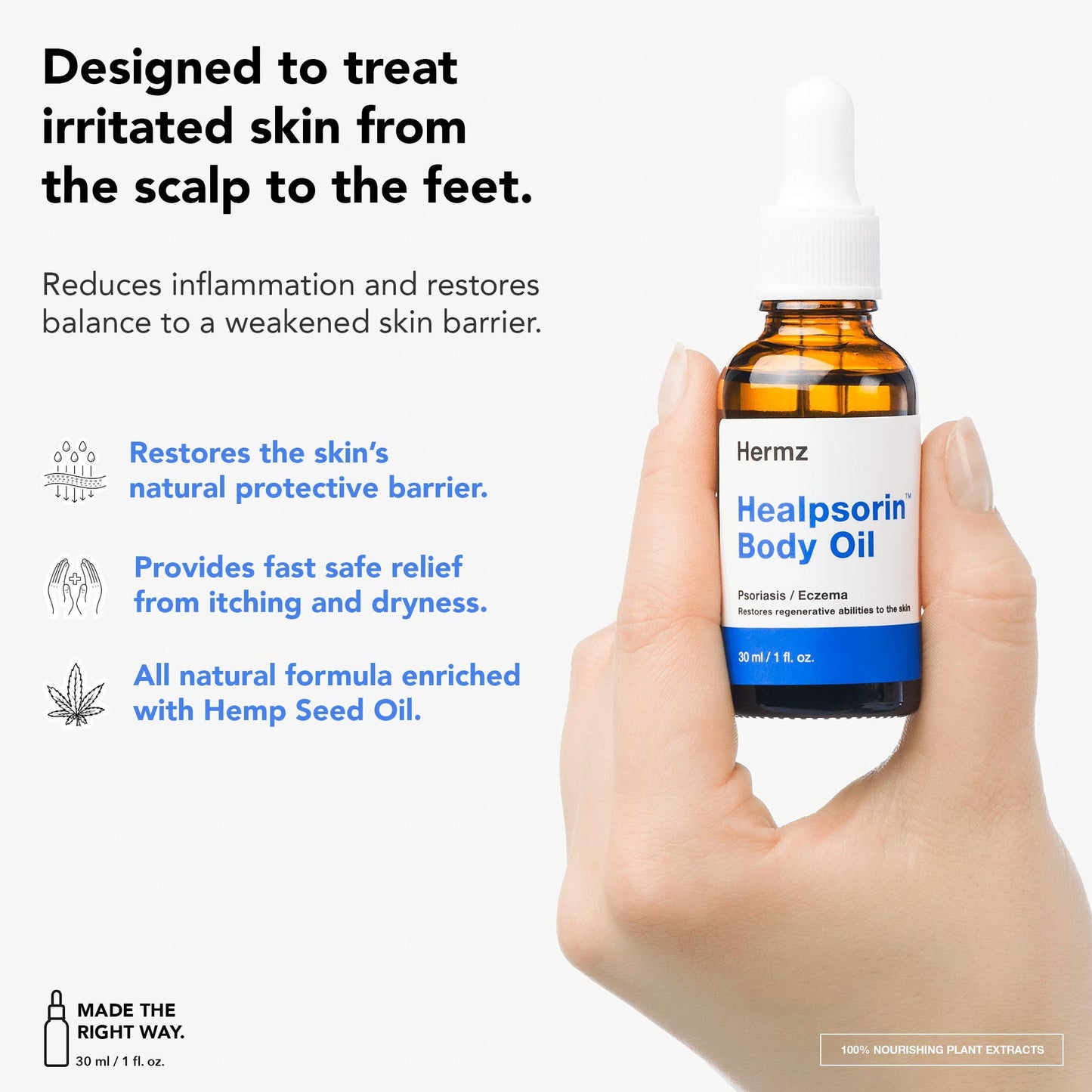 Hermz Laboratories Healpsorin Hemp Body Oil + Microfibre Cloth - Scalp Psoriasis Treatment - Itchy, Cracked and Irritated Skin - Eczema, Rosacea - 30ml
