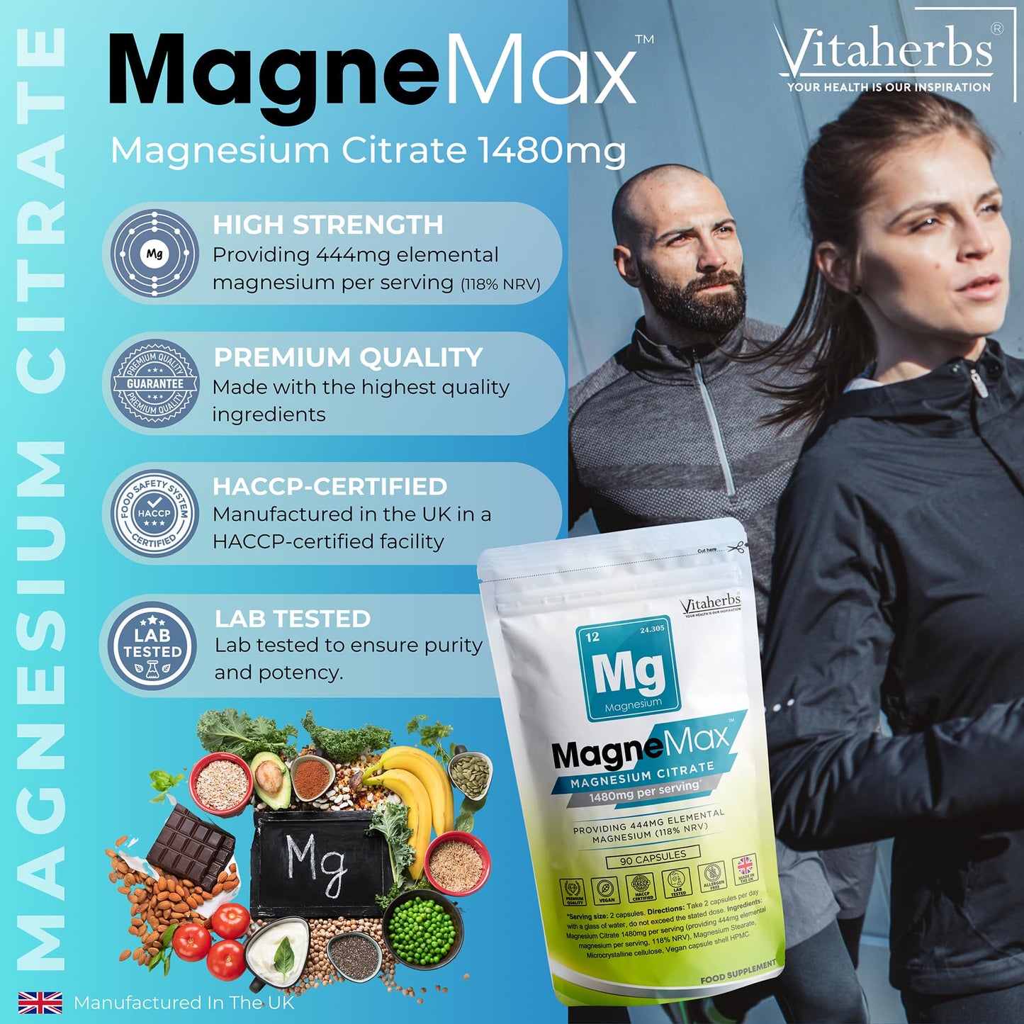 High Strength Magnesium Supplements 1480mg - 90 Magnesium Citrate Capsules - Vegan & Gluten-Free - Providing 444mg High Absorption Elemental Magnesium - MagneMax Magnesium Made in The UK - Vitaherbs