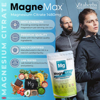 High Strength Magnesium Supplements 1480mg - 90 Magnesium Citrate Capsules - Vegan & Gluten-Free - Providing 444mg High Absorption Elemental Magnesium - MagneMax Magnesium Made in The UK - Vitaherbs