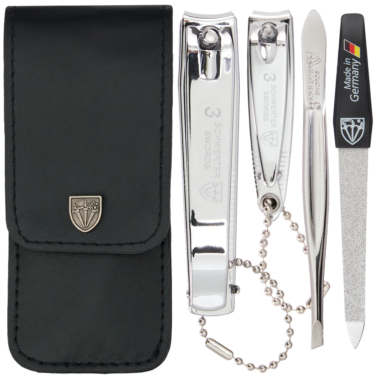 3 Swords Germany - Manicure Set with Toe Nail Clipper, Finger Nail Clipper, Nail File and Tweezers in a Black case - Brand Quality Since 1927
