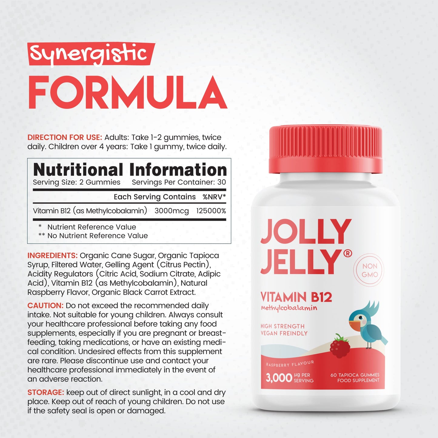 JOLLY JELLY Vitamin B12 Tapioca Gummies - 3,000mcg - High Strength Methylcobalamin Gummies - Non-GMO, Gluten Free, Raspberry Flavour - 60 Vegan Gummies. 1 Pack