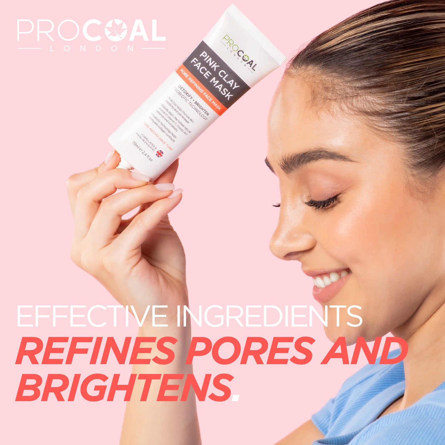 PROCOAL Australian Pink Clay Face Mask Beauty 70ml by Procoal - Skincare Face Mask Targets Pores & Brightens, 100% Recyclable Packaging, Vegan Clay Mask, Cruelty-Free - Made in UK